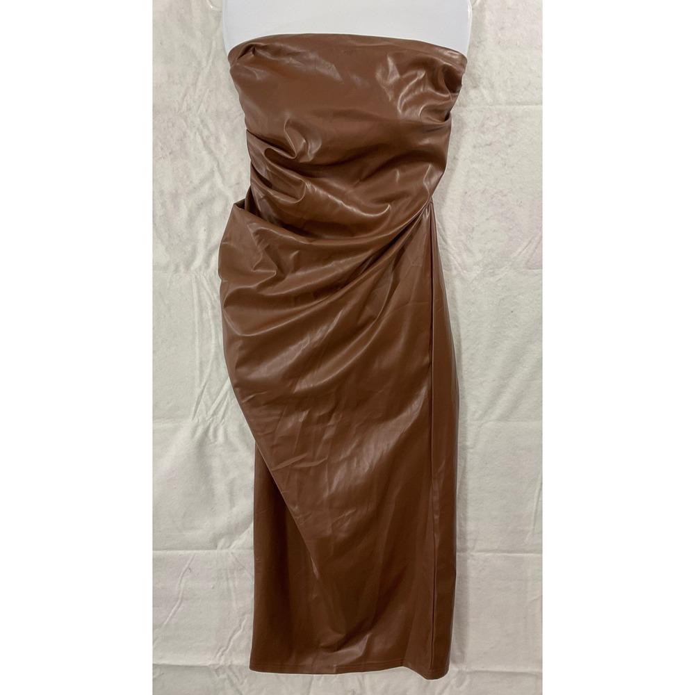 SHEINBAE Faux Leather Strapless Midi Dress Women Large Brown Ruched Bodycon Club